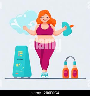 Grasso donna fatness a perdita di peso, stile cartoon sovrappeso in palestra Foto Stock