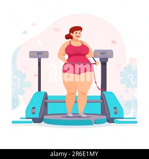 Grasso donna fatness a perdita di peso, stile cartoon sovrappeso in palestra Foto Stock