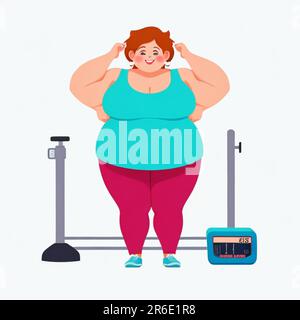 Grasso donna fatness a perdita di peso, stile cartoon sovrappeso in palestra Foto Stock