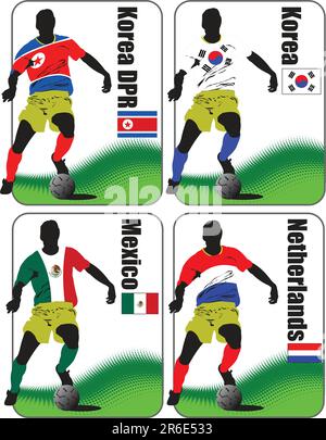 Finali della Coppa del mondo di calcio 2010. 32 squadre in magliette delle bandiere nazionali. Korea DPR, Corea, Messico, Nederland Illustrazione Vettoriale