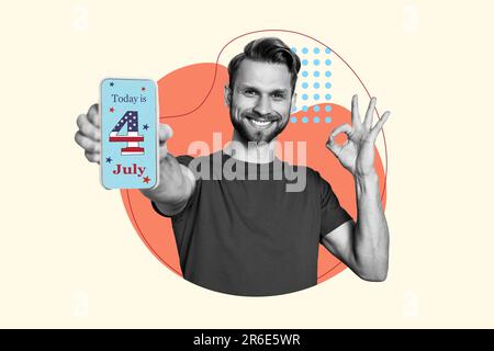 Foto banner promo collage di giovane uomo mostra Okey segno tenere telefono display quarto luglio indipendenza giorno america isolato su sfondo disegnato Foto Stock