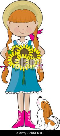 Giovane ragazza vestita con abiti in stile country, con in mano un bouquet di girasoli. Il suo cagnolino, un Cavalier King Charles Spaniel, la sta guardando Illustrazione Vettoriale