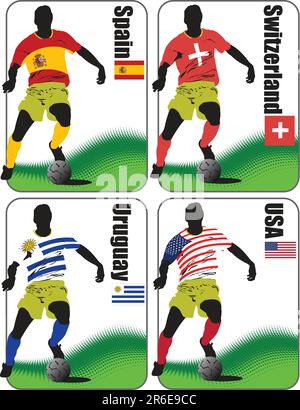 Finali della Coppa del mondo di calcio 2010. 32 squadre in magliette delle bandiere nazionali. Spagna, Svizzera, Uruguay, Stati Uniti Illustrazione Vettoriale