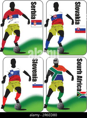Finali della Coppa del mondo di calcio 2010. 32 squadre in magliette delle bandiere nazionali. Serbia, Slovenia, Slovacchia, Sudafrica Illustrazione Vettoriale