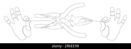 Una linea continua di mano con pinze e pinze. Uno strumento manuale utilizzato per fissare gli oggetti in modo sicuro. Concetto di vettore di illustrazione a linea sottile. Crea disegno contorno Illustrazione Vettoriale