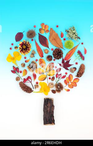 Disegno astratto della forma dell'albero Autunno e Ringraziamento con foglie, fiori, frutti di bosco, noci e oggetti naturali. Natura surreale caduta composizione. Foto Stock