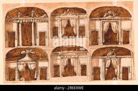 Ognuna con un ingresso principale centrale e due laterali inferiori. La parte inferiore del soffitto è a volta. Fila sinistra, sopra: Accanto all'apertura centrale si trovano due colonne ioniche; lateralmente si trovano aperture di porte in pareti in qualche modo sporgenti; sopra si trova un'entablatura con, sopra, figure. Figure in piedi sopra le colonne e putti seduta alle estremità, collegati da festoni. Sotto: L'apertura centrale ha la forma di quella di una tenda circolare con un mazzo di piume in cima. Lateralmente sono presenti aperture per porte nelle pareti. Fila centrale, sopra: Lateralmente sono presenti aperture delle porte nelle pareti. Fila centrale, sopra: Lateralmente sono le porte Foto Stock