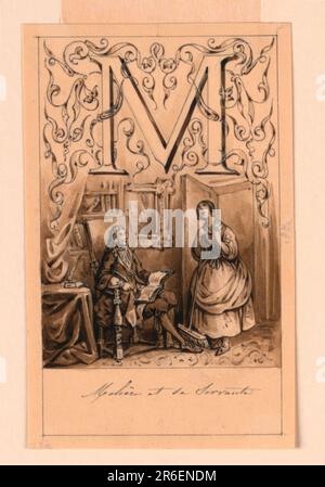 Lettera in alto, fiancheggiata da inceau intrecciati. Molière si vede chiedendo il consiglio del suo servitore che tiene una scopa. Data: CA. 1830. Inchiostro grafite, penna e bistre, pennello e lavaggio inchiostro, con accentuazione bianca su carta crema. Museo: Cooper Hewitt, Smithsonian Design Museum. Foto Stock