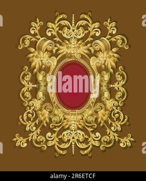 Elegante cornice ovale vecchio stile con rami dorati, foglie e fiori Illustrazione Vettoriale