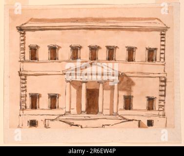 Rampe di scale fiancheggiate da finestre del seminterrato portano al portico di quattro colonne con un fregio trigliché e frontone triangolare. Sette finestre all'ultimo piano. Angolo superiore destro: '11', verticale. Forse per la Villa Poniatowsky. Penna e inchiostro marrone, pennello e lavaggio marrone su carta steso biancata, foderata. Data: 1792-1794. Museo: Cooper Hewitt, Smithsonian Design Museum. Foto Stock