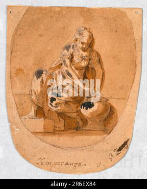 Una donna seduta tiene un cucchiaio sopra una ciotola di miscelazione, che si trova accanto alla gamba sinistra. Ovoide, didascalia, firma simile a quella del 1931-6550, tranne per: 'Temperenza', '3'. In verso: Ombreggiatura a pastello nero, appartenente allo stesso disegno di 1931-65-53. Data: CA. 1780. Gesso nero, penna e inchiostro, lavaggio con pennello e seppia, pennello e gouache bianco ossidate su carta marrone. Museo: Cooper Hewitt, Smithsonian Design Museum. Foto Stock