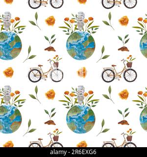 Motivo senza cuciture con foglie e fiori d'arancio, pianeta, bicicletta e alberi iscrizione su un tema zero rifiuti su sfondo bianco. Perfetto per Foto Stock