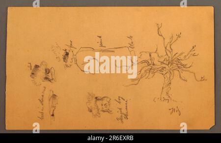 Vista verticale sulla fila superiore che mostra a destra un libro in una stoppa di pietra a sinistra e la testa nella fila centrale a sinistra, mostrata dal lato posteriore sinistro; sulla fila centrale a sinistra una testa con copricapo, mostrata leggermente obliqua e abbassata, e a destra lo stesso ragazzo visto dalla parte posteriore sinistra in piedi; e sul fondo orizzontalmente un albero senza foglie è visibile. Grafite su carta marrone chiaro. Data: Febbraio-aprile 1868. Museo: Cooper Hewitt, Smithsonian Design Museum. Foto Stock