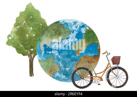 Illustrazione acquerello sul tema ecologico. Pianeta terra, bicicletta, albero disegnato a mano. Clipart isolata per la progettazione di poster, opuscoli Foto Stock