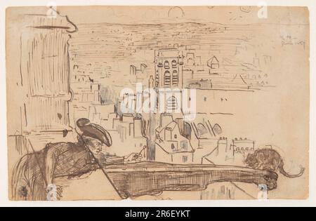 Vista orizzontale su Parigi da un parapetto della torre della Cattedrale di Notre Dame in primo piano, dove un uomo tiene fuori un braccio di pesce per attirare un gatto accovacciato all'estremità esterna di un gargoyle. Data: 1867. Penna e inchiostro marrone, grafite su carta marrone. Museo: Cooper Hewitt, Smithsonian Design Museum. Foto Stock