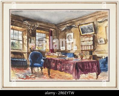 Lo studio gentleman in questa prospettiva è dominato da una grande tavola rettangolare coperta da un panno color vino. Il banco nell'angolo più a destra è collocato ad una finestra per prendere la luce. La testa di un pugno è montata sulla parete tra le finestre, mentre corna di alci, immagini e una mensola di libro sono appese alla parete a destra. Qui sono presenti mobili in tufted blu, un tappeto a motivi geometrici e vasi di fiori, tutti elementi onnipresenti del periodo Vittoriano. Data: 1857. Pennello e acquerello, gouache bianche, grafite su carta. Museo: Cooper Hewitt, Smithsonian Design Museum. Foto Stock
