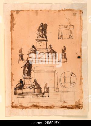 Sopra: La parte inferiore e la disposizione del piedistallo sui gradini sono simili a 1938-88-1315. Lo schema della parte superiore è simile a quello del 1938-88-1297, ma le figure laterali siedono immediatamente sulla parte inferiore del piedistallo, all'altezza del bordo superiore del corpo del sarcofago. Il medaglione si trova a destra della figura eretta, probabilmente sostenuta da un angelo inginocchiato, come un altro forse si trova a sinistra. Accanto c'è un piano, disegnato in un quadrato. I gradini sono tra i quadrati agli angoli e all'interno è di nuovo un quadrato. Sotto a sinistra e con le parti più in alto sopra la p superiore Foto Stock