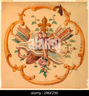 Un trofeo di faretra e fiori pieni, sospeso da un fleur-de-lis, in scrollwork quatrefoil. Design per tessuti, arazzi. Data: CA. 1880. Penna, inchiostro, acquerello e gouache sulla carta. Museo: Cooper Hewitt, Smithsonian Design Museum. Foto Stock