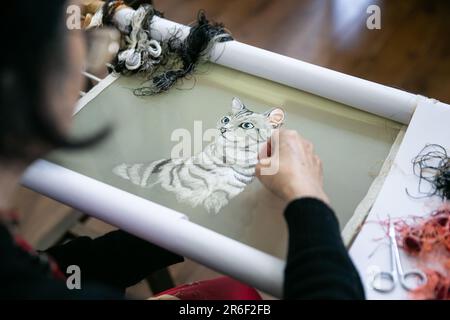 (230609) -- CHONGQING, 9 giugno 2023 (Xinhua) -- ricami di Kang Ning al suo laboratorio nel distretto di Yuzhong, la municipalità di Chongqing del sud-ovest della Cina, 12 maggio 2023. Kang, che ha quasi 70 anni, è uno dei due eredi rappresentativi del ricamo Shu, un patrimonio culturale nazionale intangibile in Cina. Kang cominciò a imparare le abilità di ricamo Shu quando iniziò a lavorare all'età di 23 anni. Ha creato la propria tecnica che permette di cucire contemporaneamente il ricamo di forme e colori diversi su entrambi i lati, con il contenuto su ciascun lato che rimane separato un Foto Stock