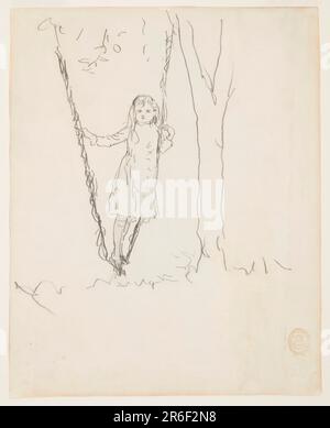 Vista verticale di una ragazza in piedi in un'altalena e appoggiata alla corda sul suo lato sinistro. Grafite su carta. Data: 1879. Museo: Cooper Hewitt, Smithsonian Design Museum. Foto Stock