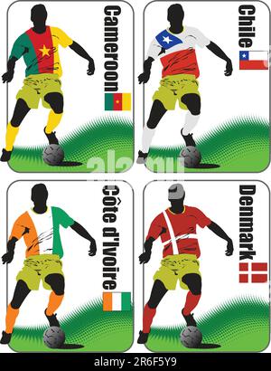 Finali della Coppa del mondo di calcio 2010. 32 squadre in magliette delle bandiere nazionali. Camerun, Cile, Costa d'Avorio, Danimarca Illustrazione Vettoriale