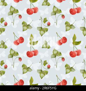 Acquerello Berry Pattern. Motivo senza cuciture con ciliegie e fragole selvatiche. Primavera Estate brillante illustrazione. Cibo sano, dieta. Coperchio per alimenti Foto Stock