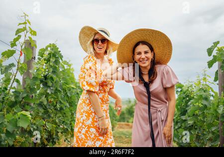 Due giovani donne belle e felici in abiti eleganti e ampi cappelli di paglia brimmed sorridono e guardano la macchina fotografica. Amici donne attrattivi a piedi t Foto Stock