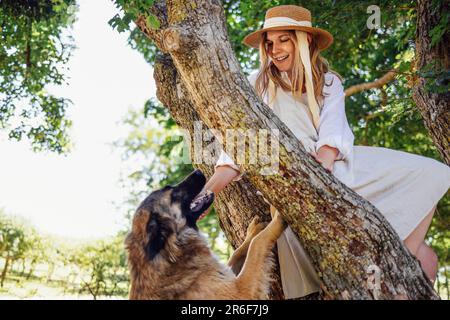 Bella ragazza bionda in colore chiaro vestito e cappello di paglia siede su grande albero e cani da compagnia che corre. Giovane donna affascinante sorride e affettuosamente Foto Stock