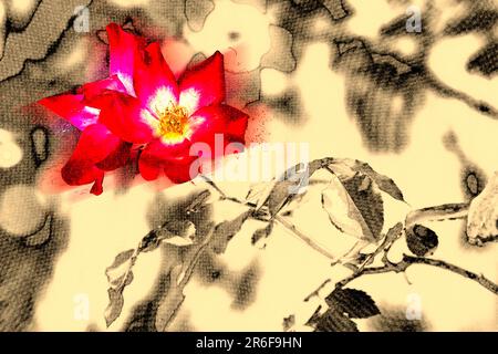 Immagine migliorata digitalmente di un grappolo di fiori di rosa rossi con centro giallo. Cocktail Meimick climber rosa Foto Stock