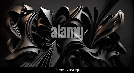 Elegante sfondo nero 3D con rendering futuristico. Forme metalliche astratte su sfondo scuro Foto Stock