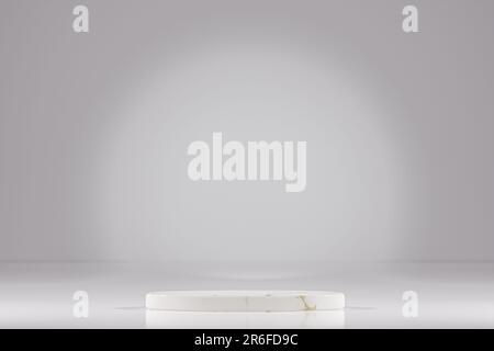 Display a podio bianco vuoto o a piedistallo su sfondo grigio con concetto di supporto a cilindro. Scaffale vuoto sullo sfondo. Rendering 3D. Foto Stock