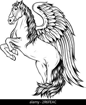 illustrazione vettoriale pegasus monocromatica - disegno bianco e nero con vista laterale a cavallo Illustrazione Vettoriale