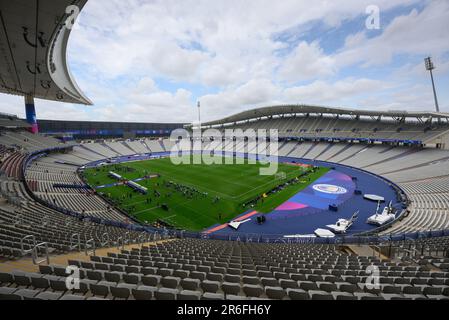 Istanbul, Turchia. 09th giugno, 2023. Calcio: Champions League, prima della finale Manchester City - Inter Milan, Stadio Atatürk Olimpiyat. Vista all'interno dello stadio. Credit: Robert Michael/dpa/Alamy Live News Foto Stock