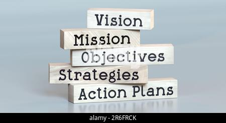 Visione, missione, obiettivi, strategie, piani d'azione - parole su blocchi di legno - 3D illustrazione Foto Stock