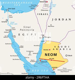 NEOM e la penisola del Sinai, mappa politica. Neom, una città intelligente pianificata nella provincia di Tabuk, nell'Arabia Saudita nordoccidentale, nel Mar Rosso settentrionale, ad est dell'Egitto. Foto Stock