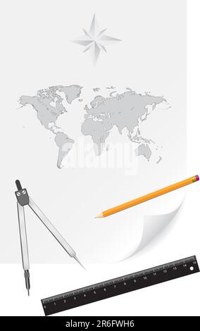 Gli strumenti di misurazione, una bussola, una matita e un righello si trovano su un foglio di carta con il disegno della mappa del mondo Illustrazione Vettoriale