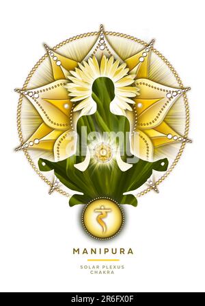 Meditazione chakra plesso solare in posa yoga loto, di fronte al simbolo Manipura chakra. Arredamento tranquillo per la meditazione e chakra energia guarigione. Foto Stock