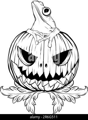 Illustrazione vettoriale della zucca di Halloween monocromatica con la rana seduta Illustrazione Vettoriale