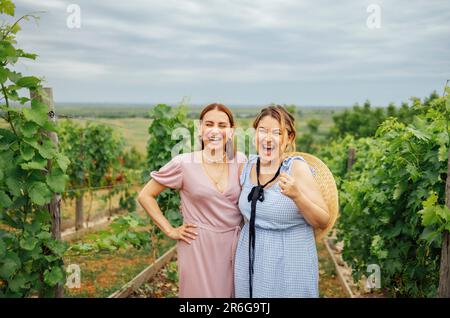 Due giovani donne belle e felici in abiti eleganti e ampi cappelli di paglia brimmed sorridono e guardano la macchina fotografica. Amici donne attrattivi a piedi t Foto Stock