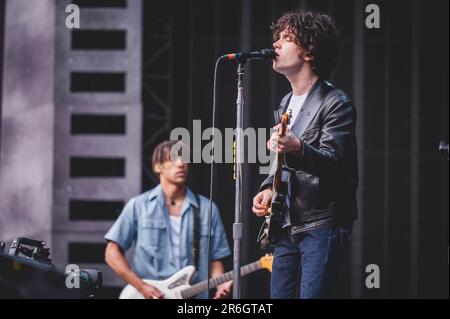 L'inalatore irlandese indie upstarts supporta Sam Fender a St. James' Park a Newcastle upon Tyne, Regno Unito. 9th giugno, 2023. Credit: Thomas Jackson/Alamy Live News Foto Stock