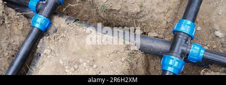 Impianto di irrigazione sotterraneo, impianto di drenaggio delle acque idrauliche Foto Stock