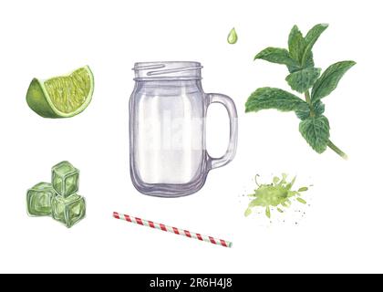 Set di ingredienti acquerelli per mojito isolato su sfondo bianco. Illustrazione del cibo per il disegno della scheda, saluti, adesivi, striscioni, modello, menu Foto Stock