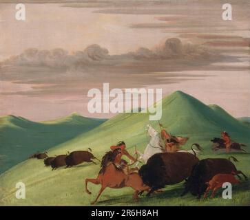 Buffalo Chase, toro che protegge una mucca e vitello. olio su tela. Data: 1832-1833. Museo: Smithsonian American Art Museum. Foto Stock