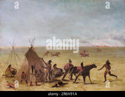 Famiglia indiana allarmato per l'avvicinarsi di un fuoco Prairie. olio su tela. Data: 1846-1848. Museo: Smithsonian American Art Museum. Foto Stock