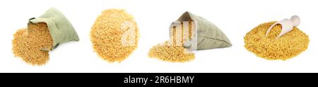 Collage con borse e mucchi di bulgur non cotti su fondo bianco Foto Stock
