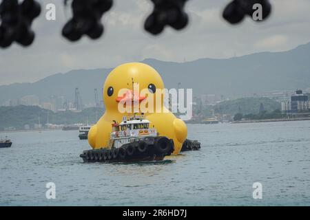 Hong Kong, Hong Kong. 09th giugno, 2023. Un'enorme anatra gonfiabile è trainata dalle barche a Victoria Harbor. A partire dal 10th giugno 2023, l'attesissima mostra d'arte chiamata "Double Ducks", creata dall'artista olandese Florentijn Hofman, apre ufficialmente al pubblico al Victoria Harbor di Hong Kong. La mostra presenta due enormi anatre gonfiabili. E questo segna la seconda visita della gigantesca anatra gonfiabile a Hong Kong, con la prima che si è svolta un decennio fa. (Foto di Michael ho Wai Lee/SOPA Images/Sipa USA) Credit: Sipa USA/Alamy Live News Foto Stock