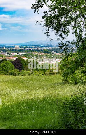 Vista dalla cima della collina su Cheltenham dalla collina di Leckhampton in una luminosa giornata di sole Foto Stock