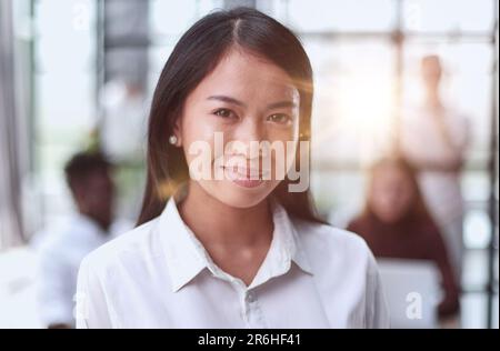 Giovane bella donna asiatica d'affari consulente che lavora in ufficio, Foto Stock