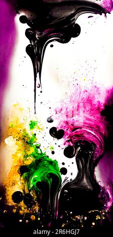 Un'immagine vivace di una vernice nera e rosa si riversa su un foglio bianco, con uno sfondo di piccoli puntini Foto Stock
