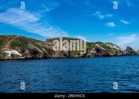 Vista sull'isola di Anacapa da una barca nel Parco Nazionale delle Isole del canale Foto Stock